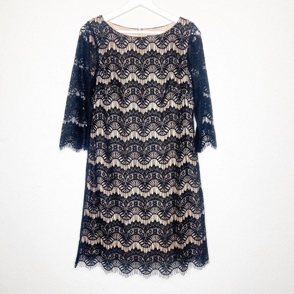 Jessica Howard Black Lace Nude Lining 3/4 Sleeve Dress 8 - Picture 2 of 11